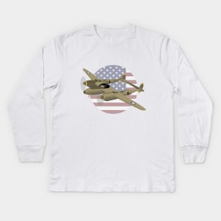 WW2 P-38 Lightning Airplane with US Flag Kids Long Sleeve T-Shirt